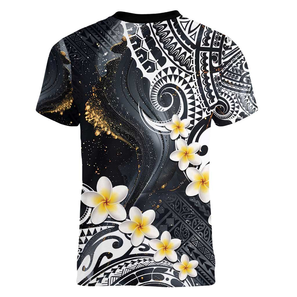 Polynesian Tribal Tattoo Women V-Neck T-Shirt Plumeria Black Gold Marble Pattern