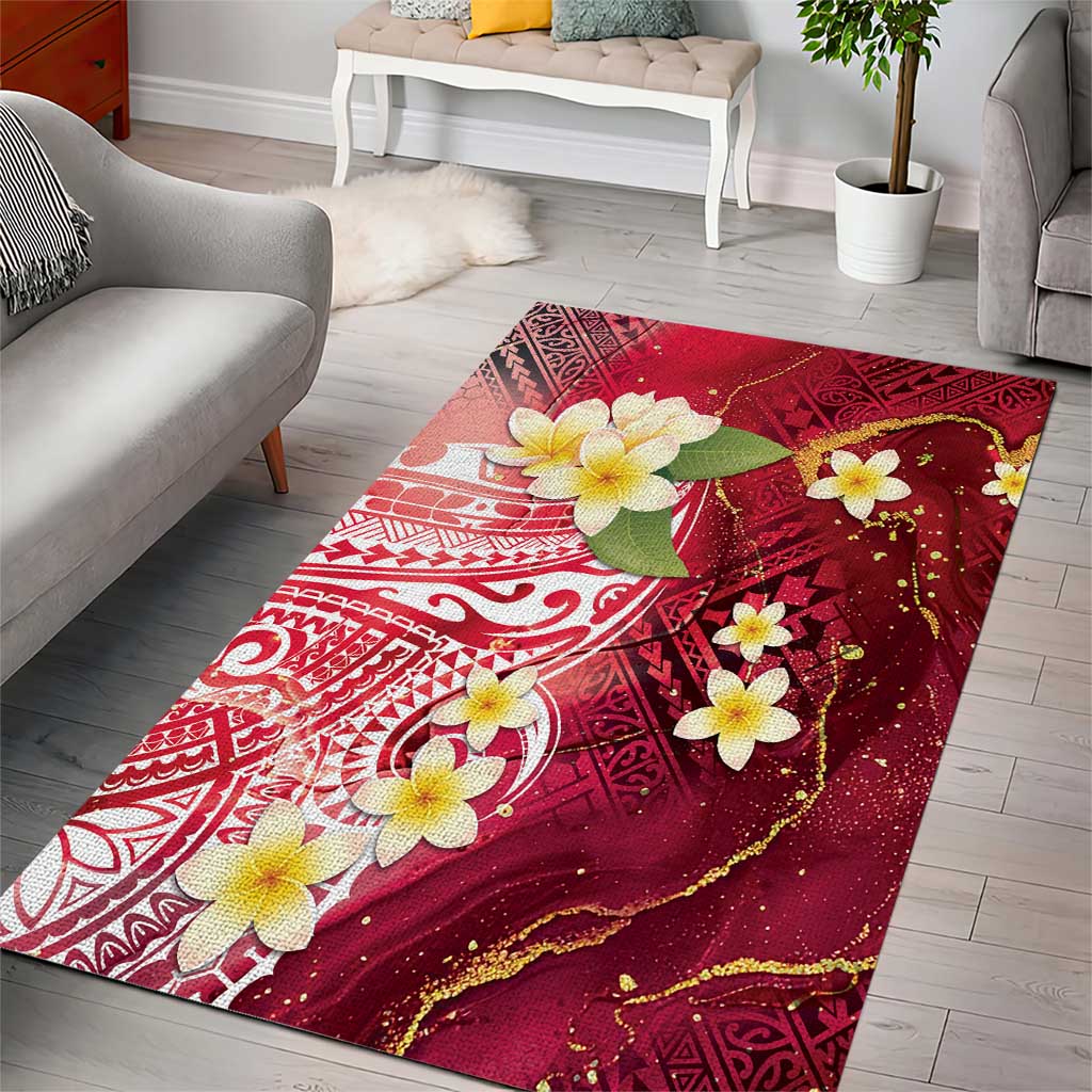 Polynesian Tribal Tattoo Area Rug Plumeria Blood Red and Gold Marble Pattern
