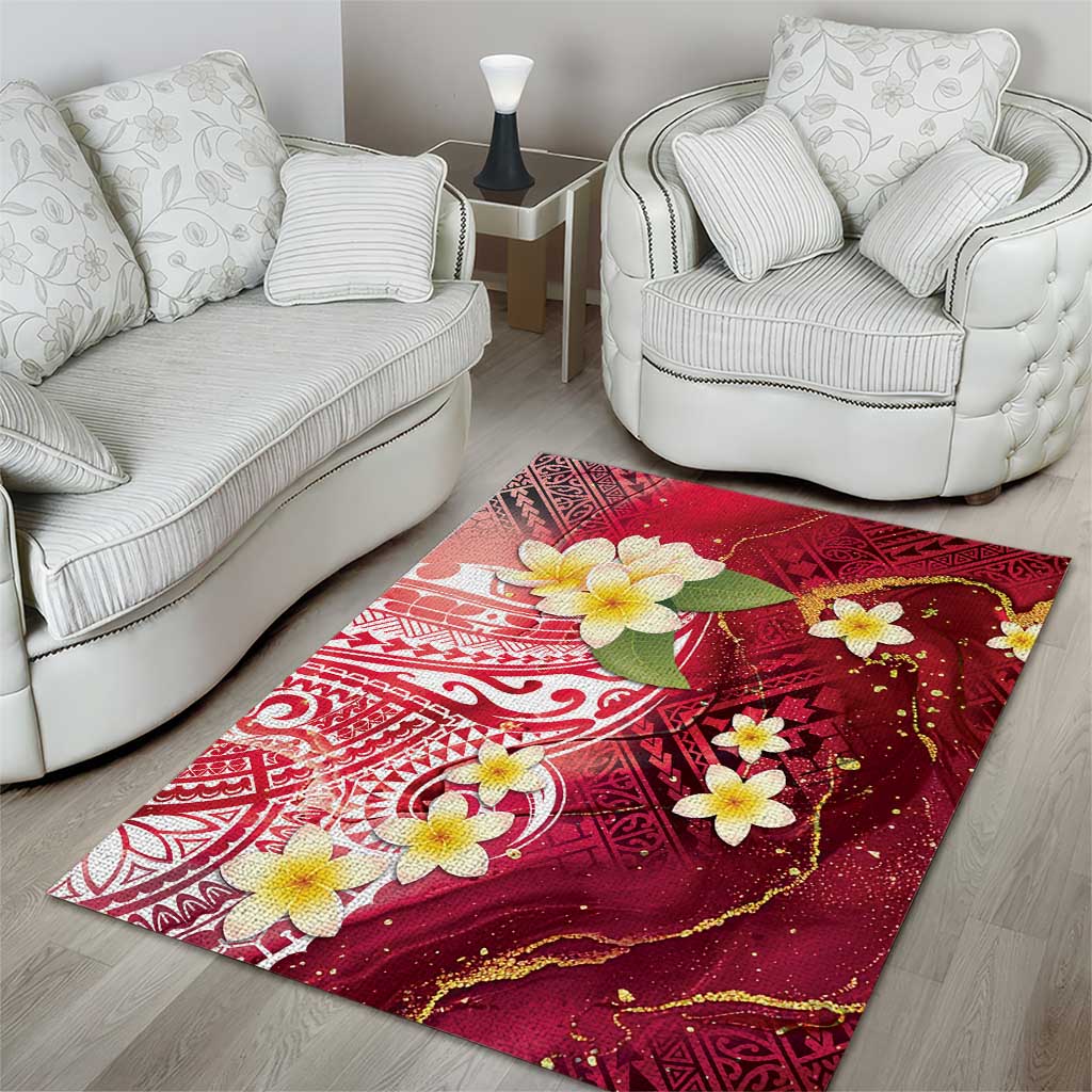 Polynesian Tribal Tattoo Area Rug Plumeria Blood Red and Gold Marble Pattern