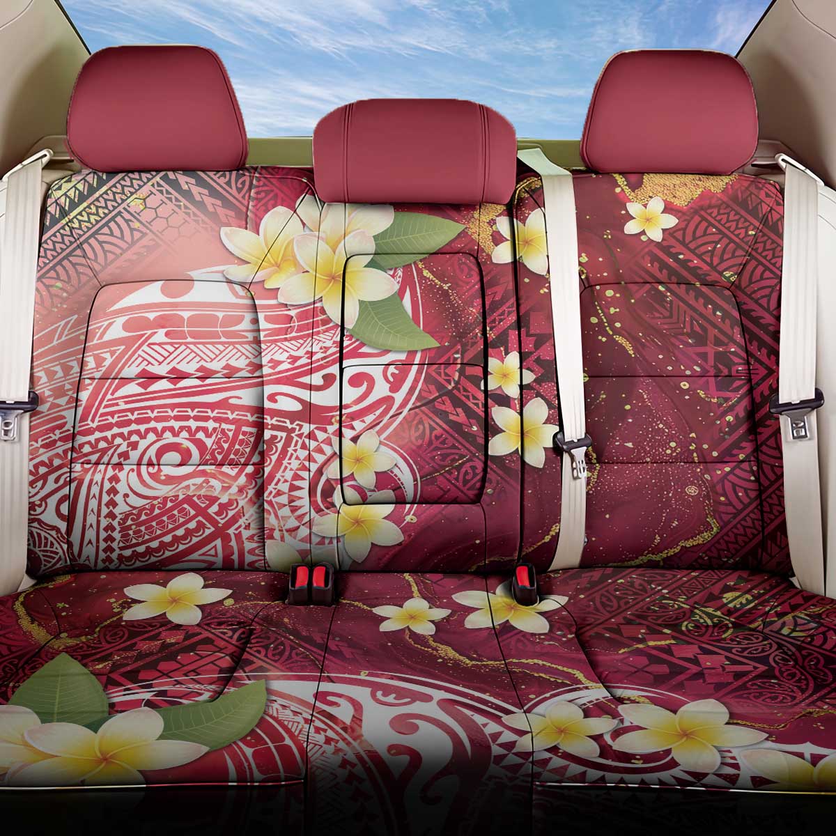 Polynesian Tribal Tattoo Back Car Seat Cover Plumeria Blood Red and Gold Marble Pattern
