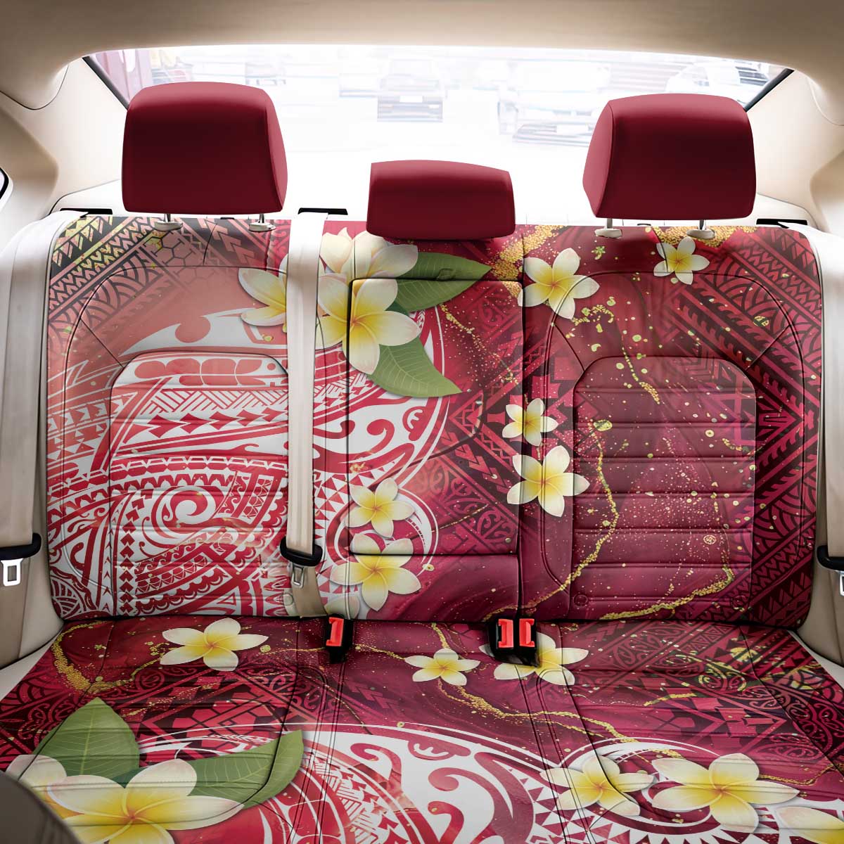 Polynesian Tribal Tattoo Back Car Seat Cover Plumeria Blood Red and Gold Marble Pattern