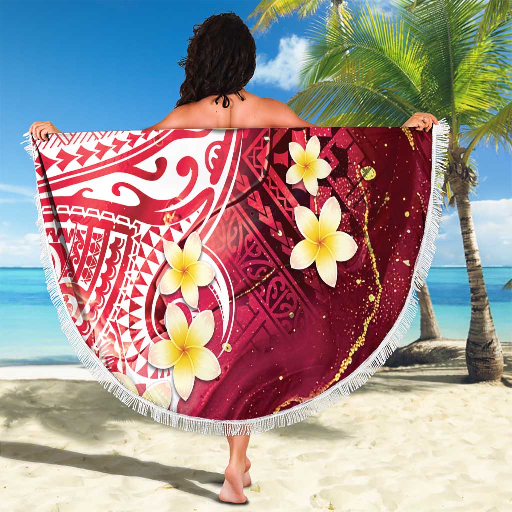 Polynesian Tribal Tattoo Beach Blanket Plumeria Blood Red and Gold Marble Pattern