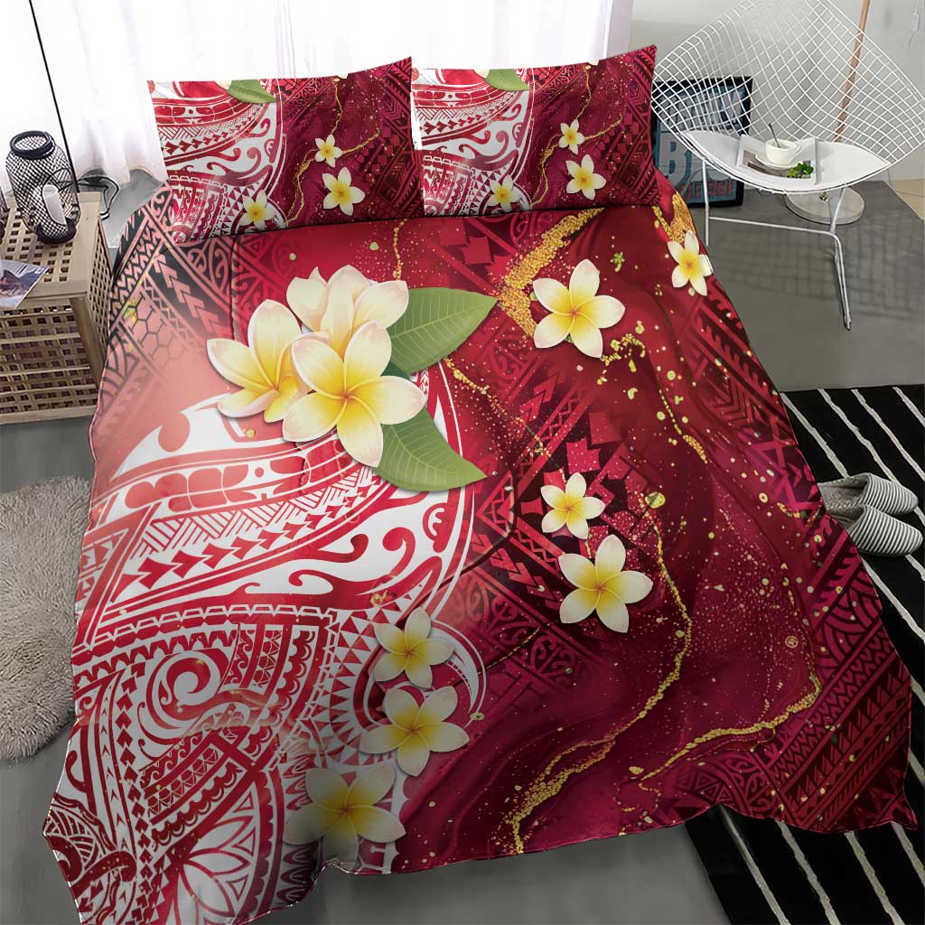 Polynesian Tribal Tattoo Bedding Set Plumeria Blood Red and Gold Marble Pattern