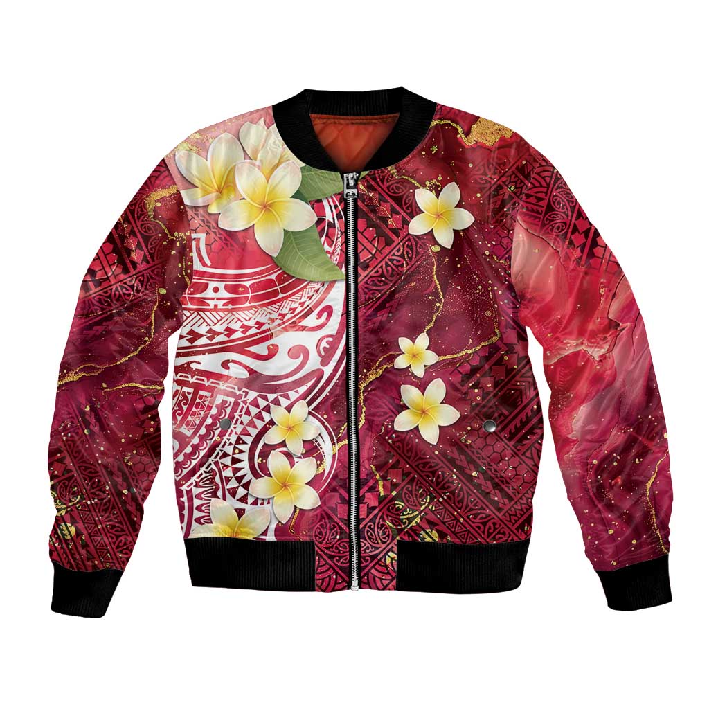 Polynesian Tribal Tattoo Bomber Jacket Plumeria Blood Red and Gold Marble Pattern LT9 Unisex Red - Polynesian Pride