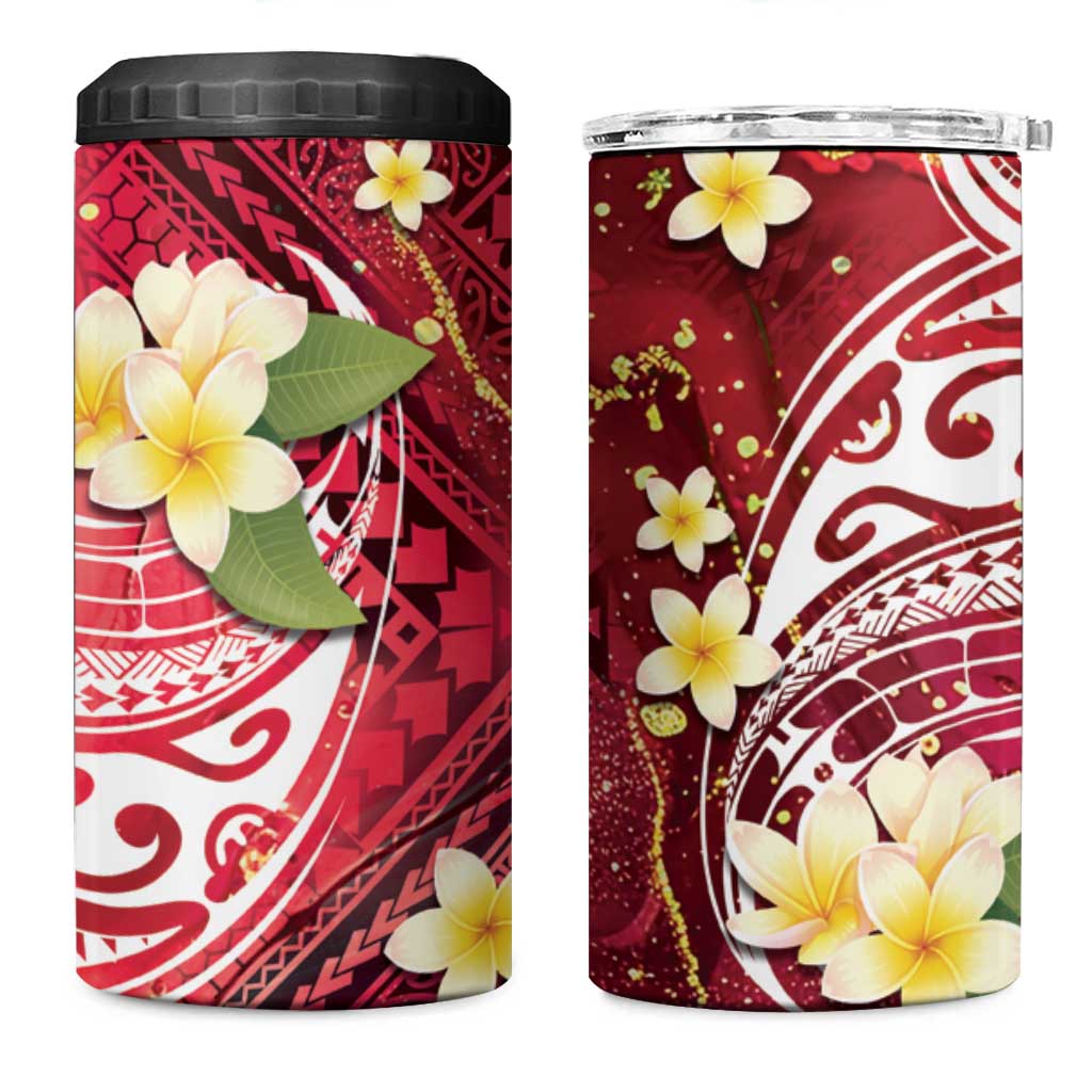 Polynesian Tribal Tattoo 4 in 1 Can Cooler Tumbler Plumeria Blood Red and Gold Marble Pattern