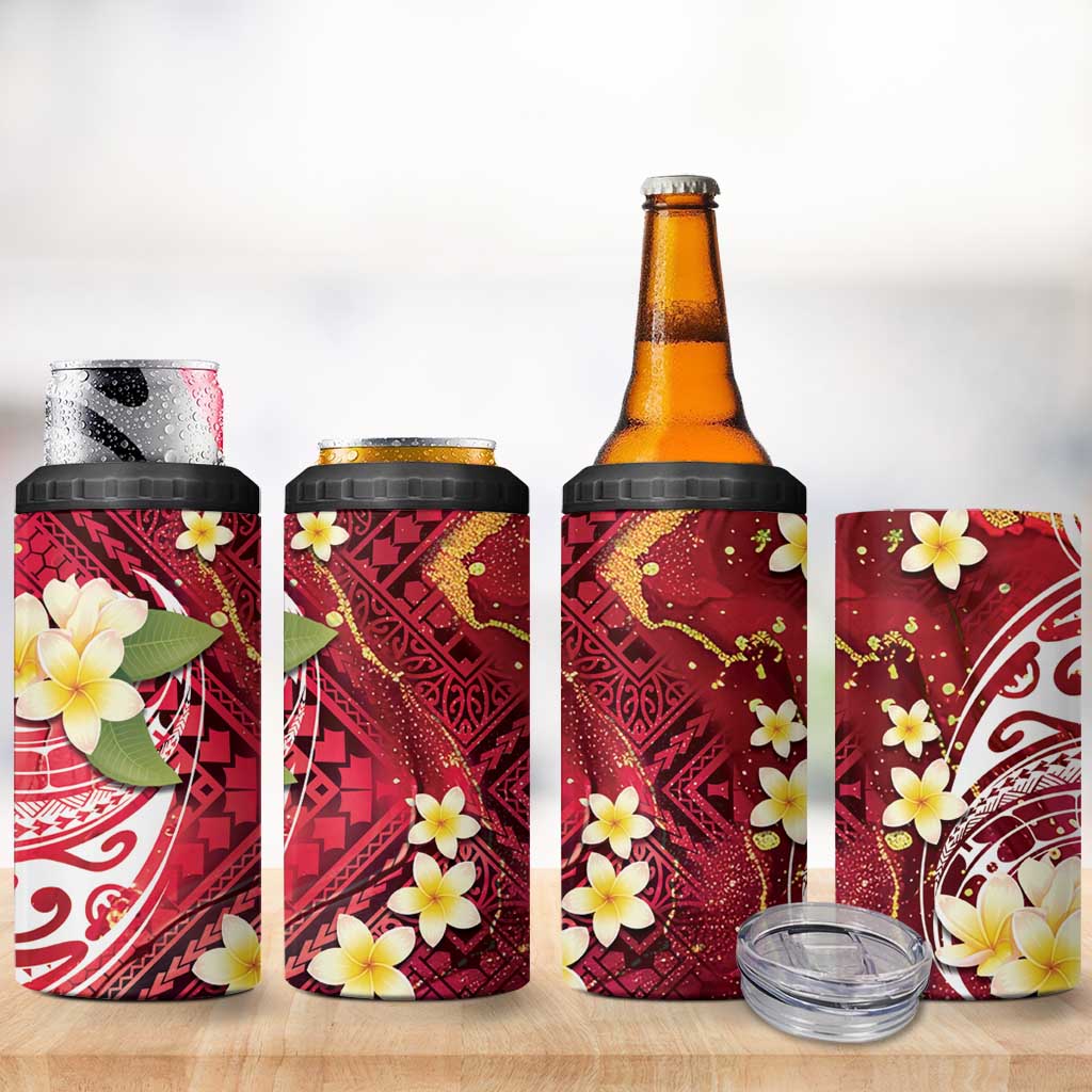 Polynesian Tribal Tattoo 4 in 1 Can Cooler Tumbler Plumeria Blood Red and Gold Marble Pattern