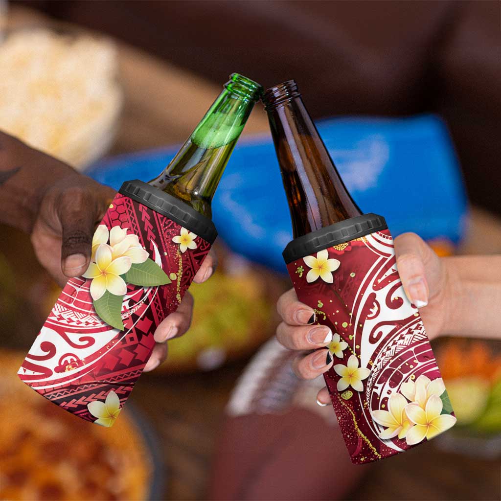 Polynesian Tribal Tattoo 4 in 1 Can Cooler Tumbler Plumeria Blood Red and Gold Marble Pattern