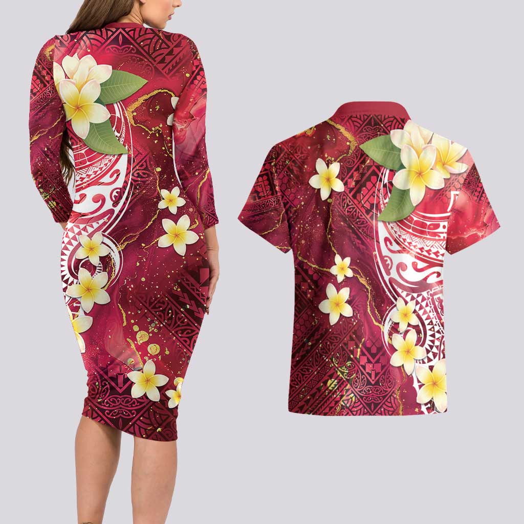 Polynesian Tribal Tattoo Couples Matching Long Sleeve Bodycon Dress and Hawaiian Shirt Plumeria Blood Red and Gold Marble Pattern