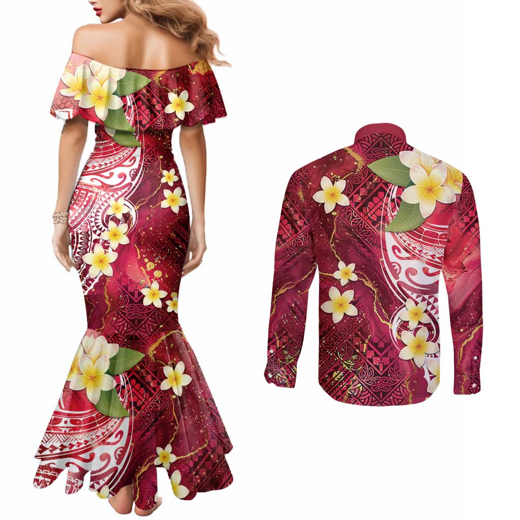 Polynesian Tribal Tattoo Couples Matching Mermaid Dress and Long Sleeve Button Shirt Plumeria Blood Red and Gold Marble Pattern