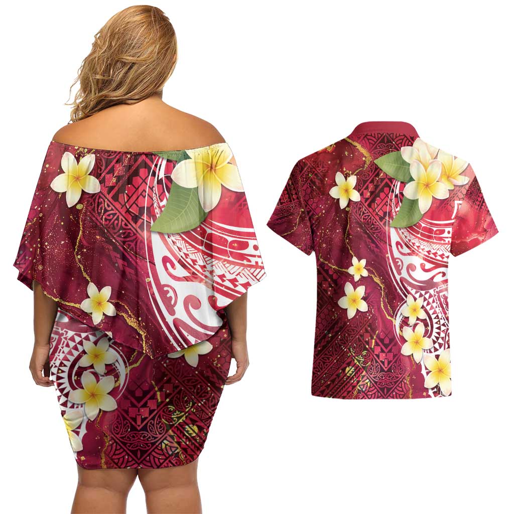 Polynesian Tribal Tattoo Couples Matching Off Shoulder Short Dress and Hawaiian Shirt Plumeria Blood Red and Gold Marble Pattern