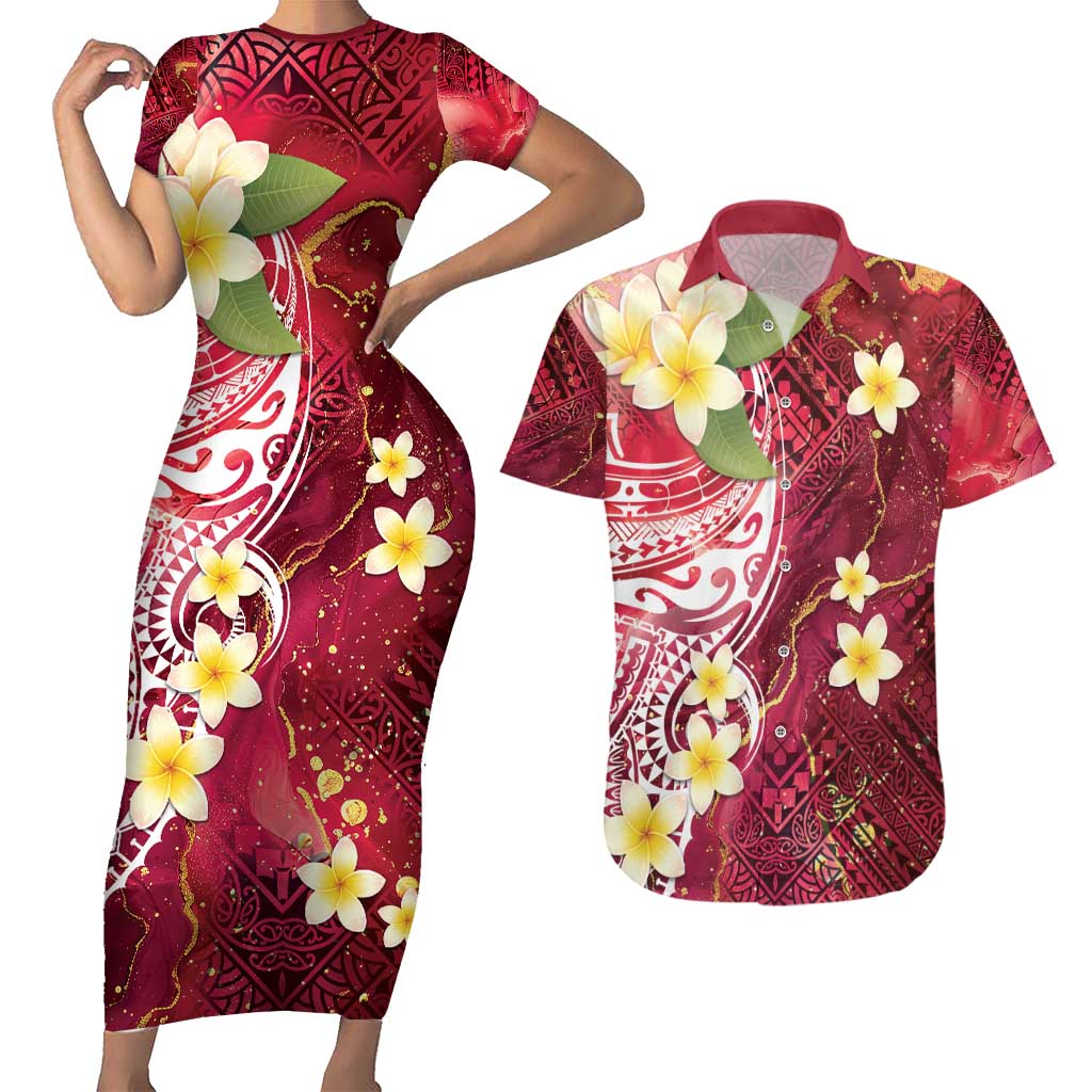 Polynesian Tribal Tattoo Couples Matching Short Sleeve Bodycon Dress and Hawaiian Shirt Plumeria Blood Red and Gold Marble Pattern