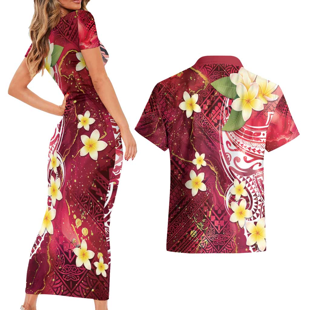 Polynesian Tribal Tattoo Couples Matching Short Sleeve Bodycon Dress and Hawaiian Shirt Plumeria Blood Red and Gold Marble Pattern