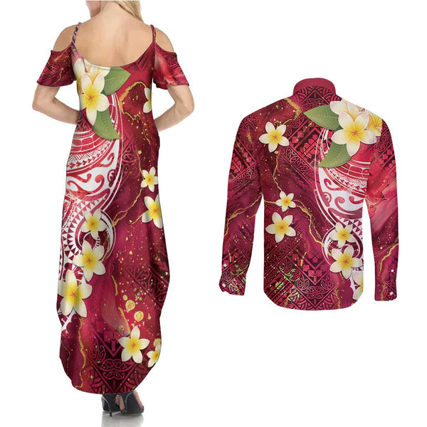 Polynesian Hawaii Couples Off Shoulder Maxi Dress and Long Sleeve Button Shirts Molokai Islands with Pacific Plumeria Purple Vibe LT9