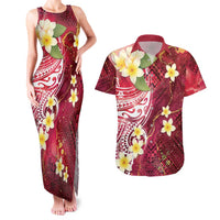 Polynesian Tribal Tattoo Couples Matching Tank Maxi Dress and Hawaiian Shirt Plumeria Blood Red and Gold Marble Pattern