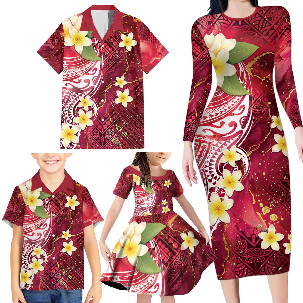 Polynesian Tribal Tattoo Family Matching Long Sleeve Bodycon Dress and Hawaiian Shirt Plumeria Blood Red and Gold Marble Pattern