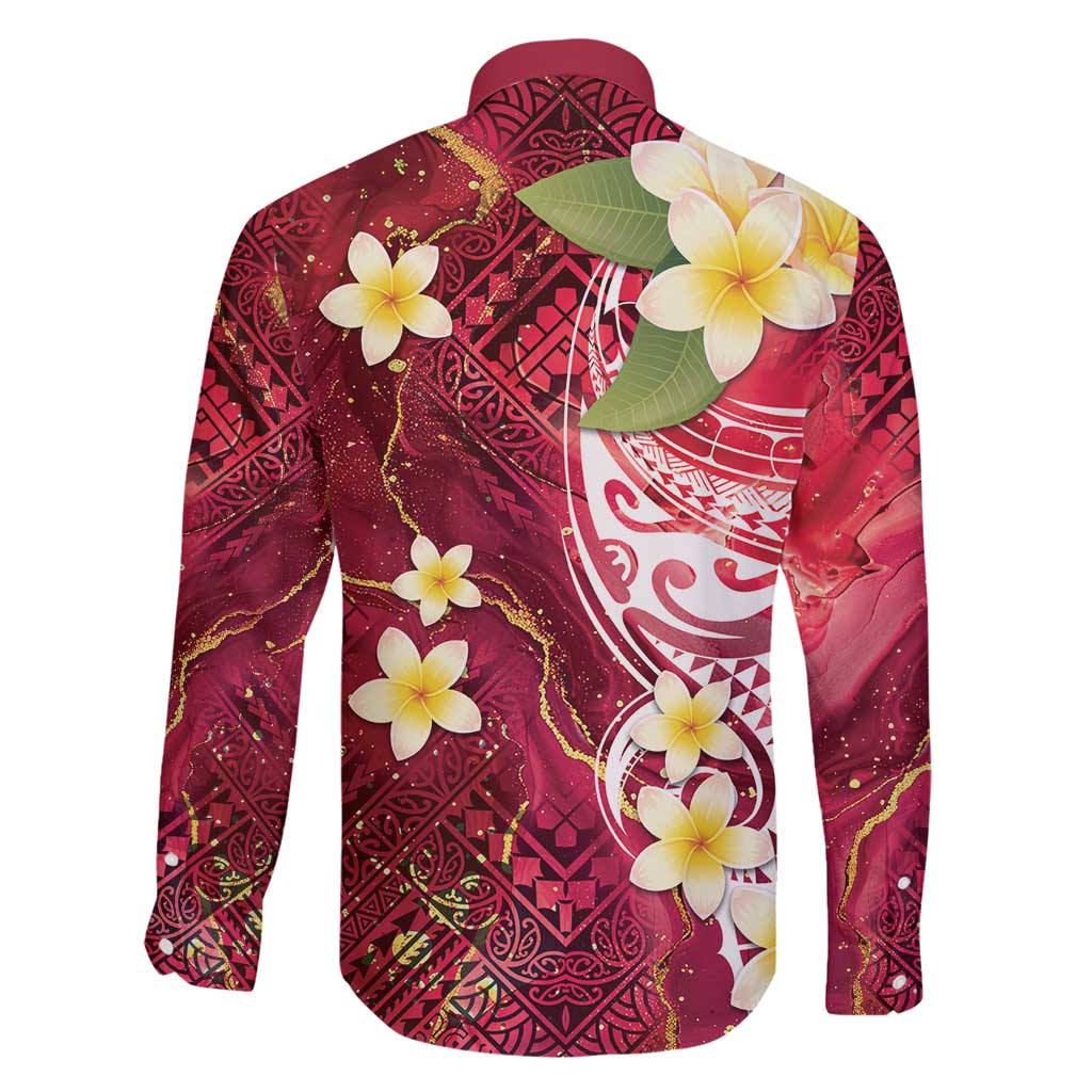 Polynesian Tribal Tattoo Family Matching Long Sleeve Bodycon Dress and Hawaiian Shirt Plumeria Blood Red and Gold Marble Pattern