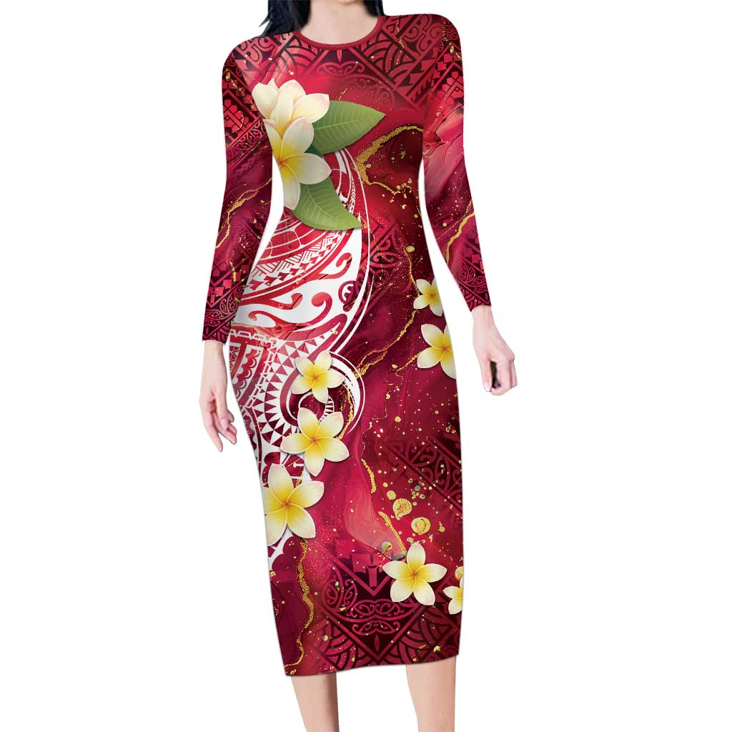 Polynesian Tribal Tattoo Family Matching Long Sleeve Bodycon Dress and Hawaiian Shirt Plumeria Blood Red and Gold Marble Pattern