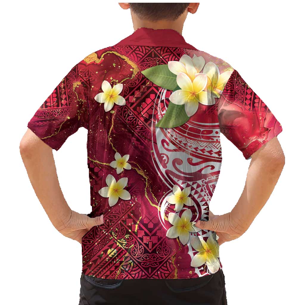 Polynesian Tribal Tattoo Family Matching Mermaid Dress and Hawaiian Shirt Plumeria Blood Red and Gold Marble Pattern