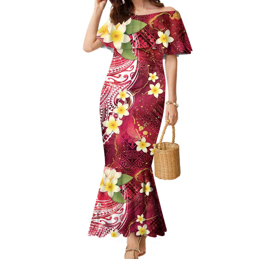 Polynesian Tribal Tattoo Family Matching Mermaid Dress and Hawaiian Shirt Plumeria Blood Red and Gold Marble Pattern