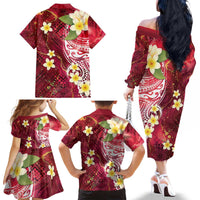 Polynesian Tribal Tattoo Family Matching Off The Shoulder Long Sleeve Dress and Hawaiian Shirt Plumeria Blood Red and Gold Marble Pattern