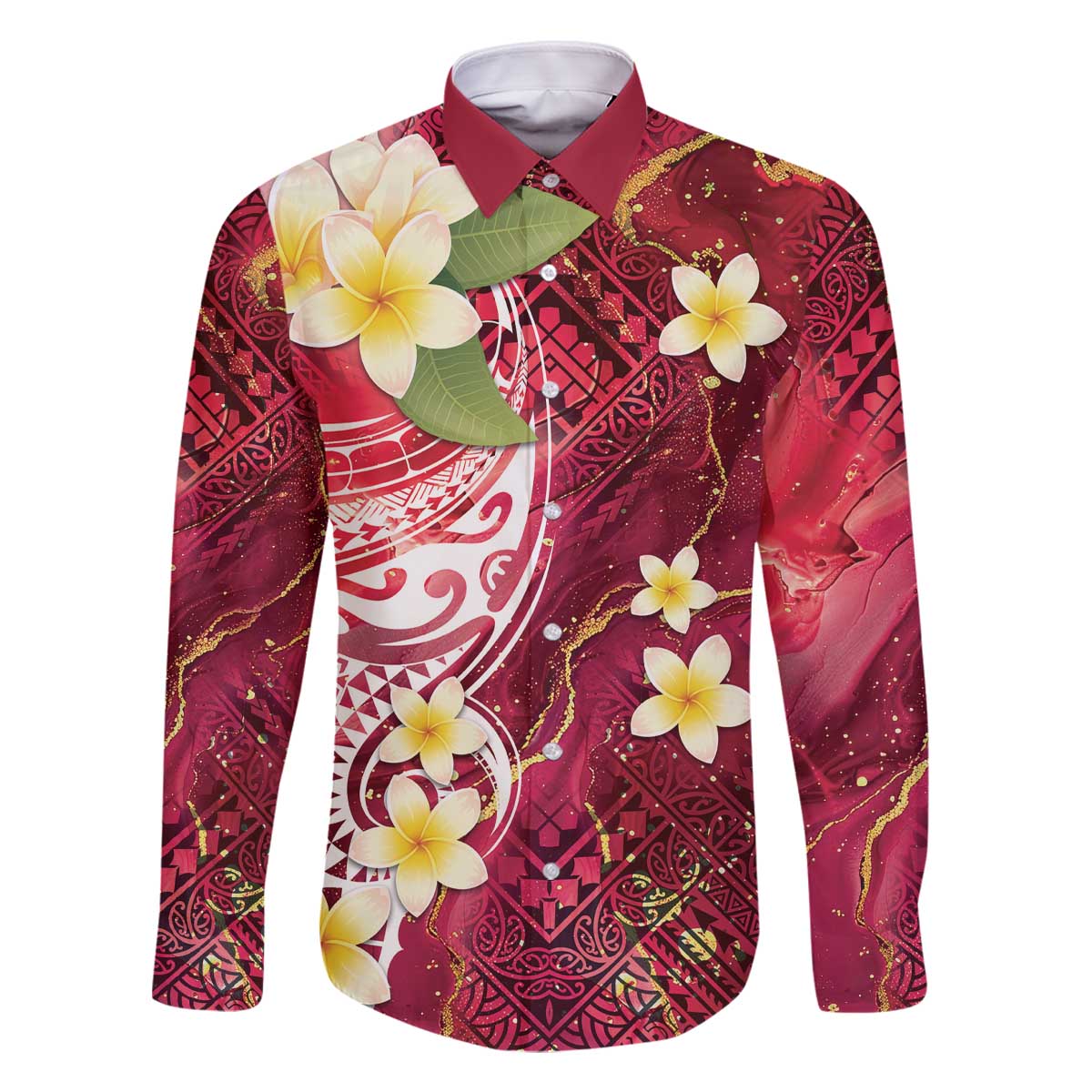 Polynesian Tribal Tattoo Family Matching Off The Shoulder Long Sleeve Dress and Hawaiian Shirt Plumeria Blood Red and Gold Marble Pattern