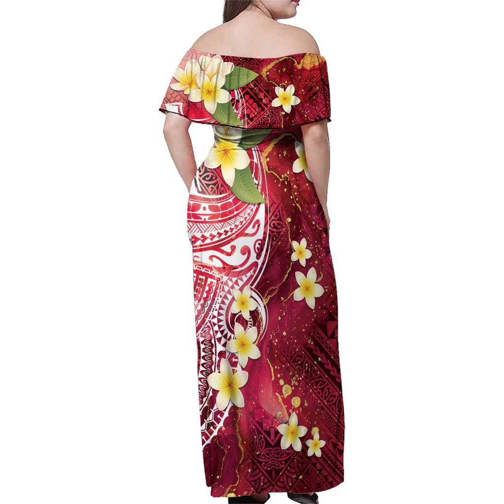 Polynesian Tribal Tattoo Family Matching Off Shoulder Maxi Dress and Hawaiian Shirt Plumeria Blood Red and Gold Marble Pattern