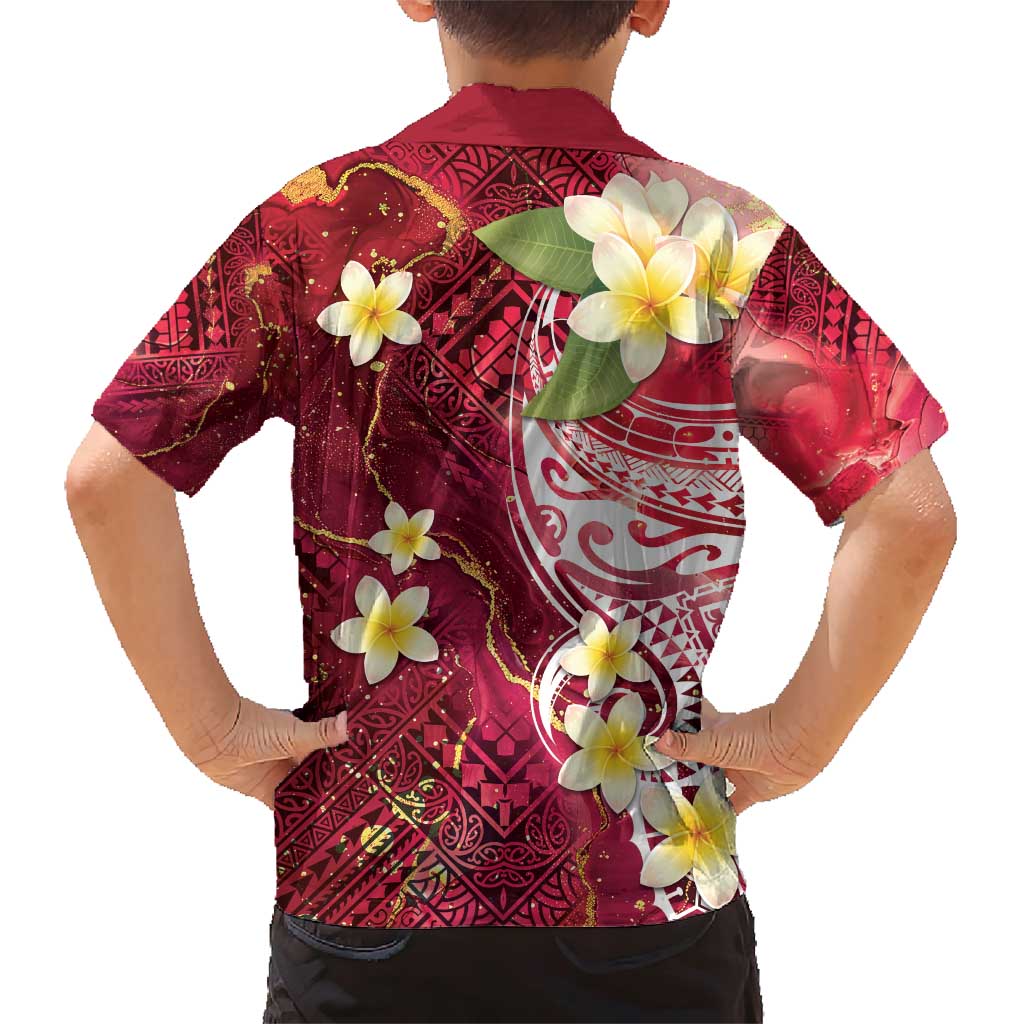 Polynesian Tribal Tattoo Family Matching Short Sleeve Bodycon Dress and Hawaiian Shirt Plumeria Blood Red and Gold Marble Pattern