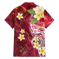Polynesian Tribal Tattoo Family Matching Short Sleeve Bodycon Dress and Hawaiian Shirt Plumeria Blood Red and Gold Marble Pattern