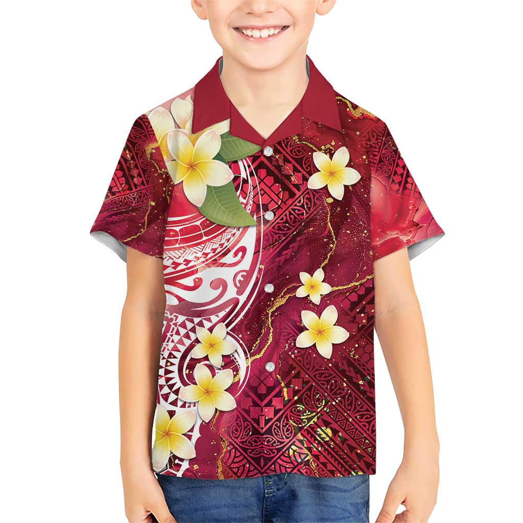 Polynesian Tribal Tattoo Family Matching Short Sleeve Bodycon Dress and Hawaiian Shirt Plumeria Blood Red and Gold Marble Pattern