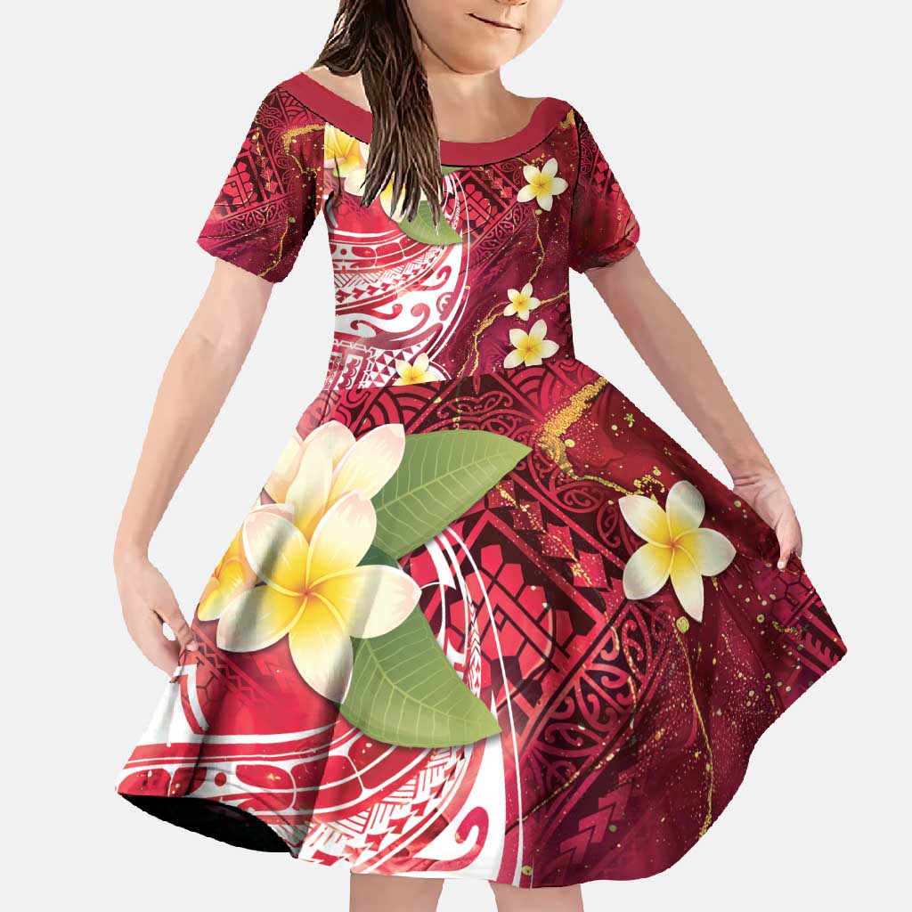Polynesian Tribal Tattoo Family Matching Tank Maxi Dress and Hawaiian Shirt Plumeria Blood Red and Gold Marble Pattern LT9 Daughter's Dress Red - Polynesian Pride