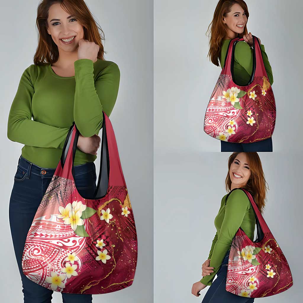 Polynesian Tribal Tattoo Grocery Bag Plumeria Blood Red and Gold Marble Pattern
