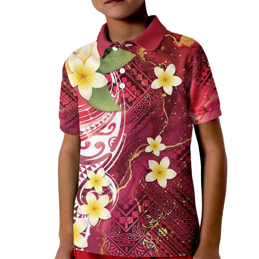 Polynesian Tribal Tattoo Kid Polo Shirt Plumeria Blood Red and Gold Marble Pattern LT9 Kid Red - Polynesian Pride