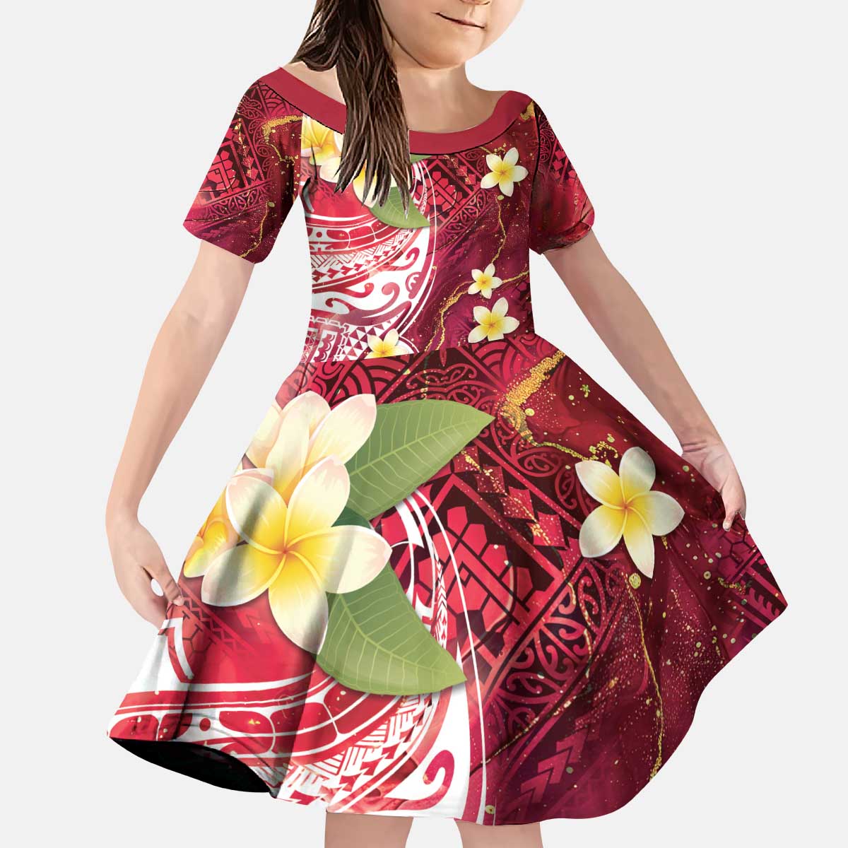 Polynesian Tribal Tattoo Kid Short Sleeve Dress Plumeria Blood Red and Gold Marble Pattern LT9 KID Red - Polynesian Pride