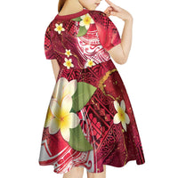 Polynesian Tribal Tattoo Kid Short Sleeve Dress Plumeria Blood Red and Gold Marble Pattern LT9 - Polynesian Pride