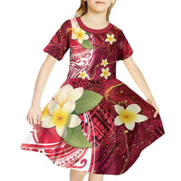 Polynesian Tribal Tattoo Kid Short Sleeve Dress Plumeria Blood Red and Gold Marble Pattern LT9 - Polynesian Pride