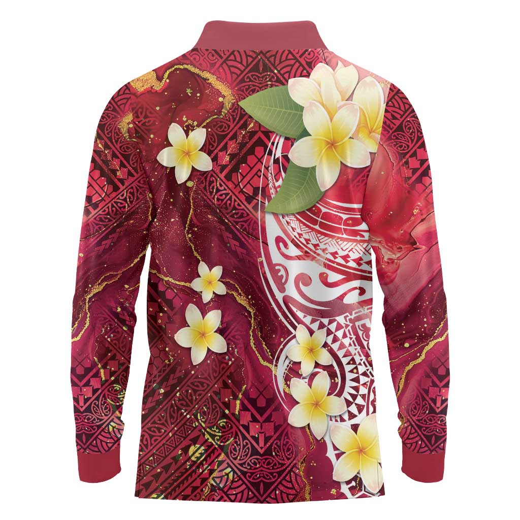 Polynesian Tribal Tattoo Long Sleeve Polo Shirt Plumeria Blood Red and Gold Marble Pattern