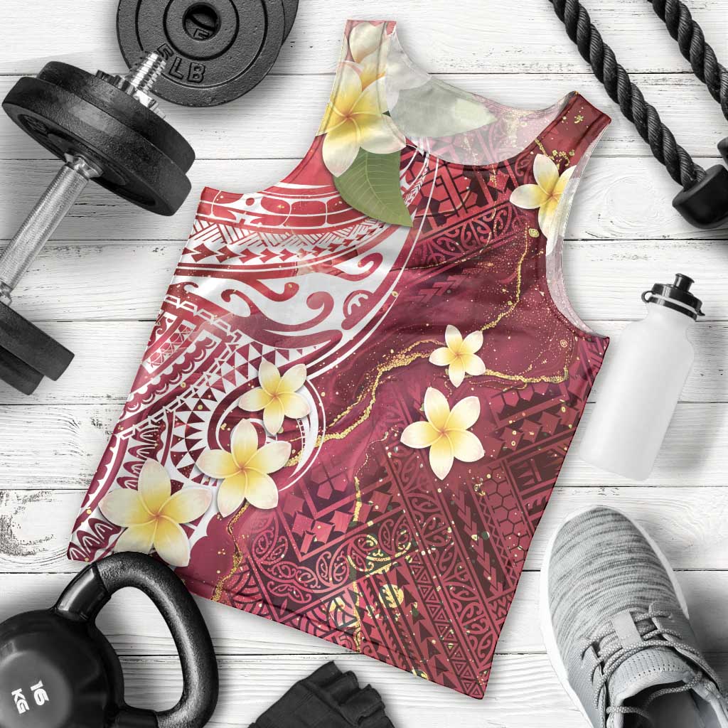 Polynesian Tribal Tattoo Men Tank Top Plumeria Blood Red and Gold Marble Pattern