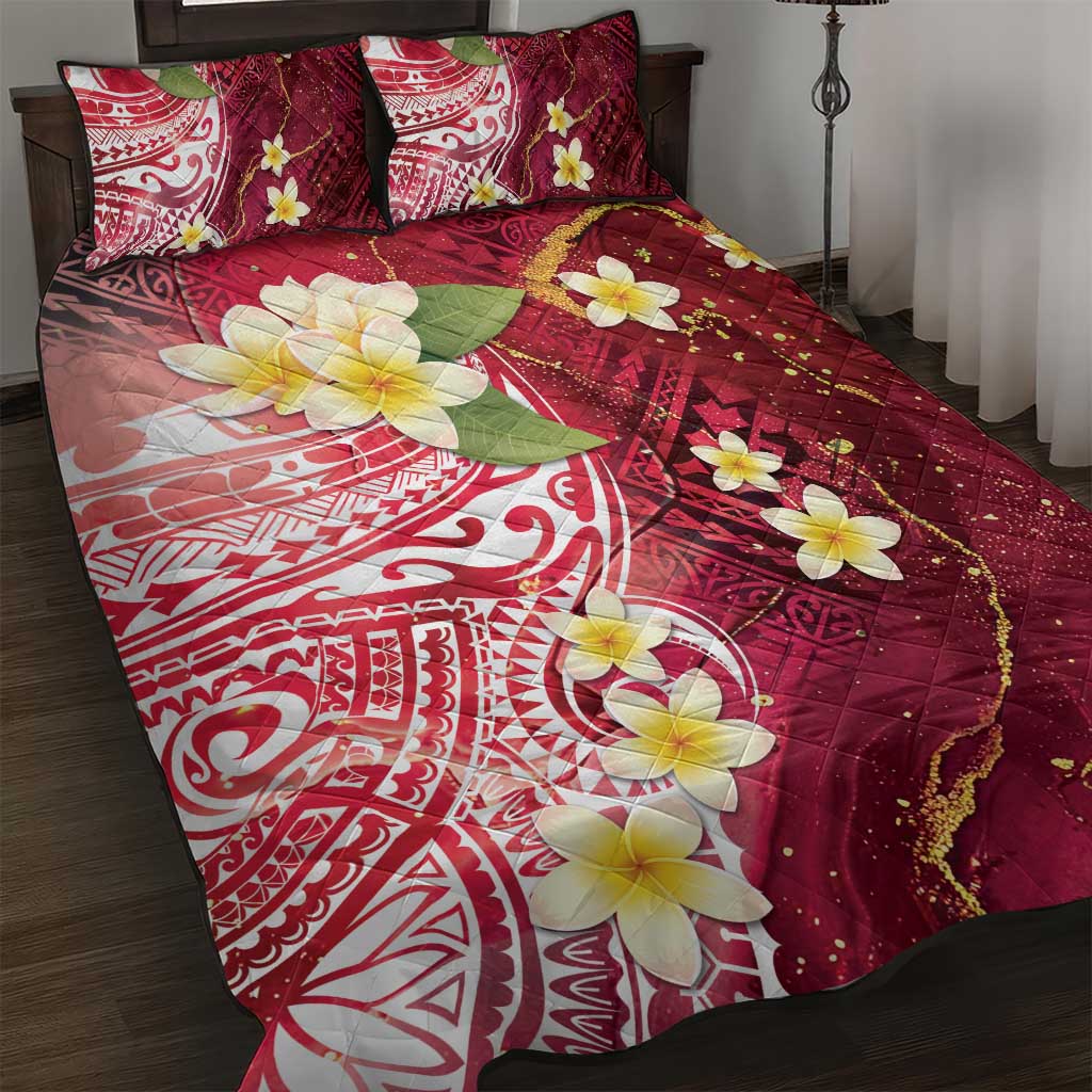 Polynesian Tribal Tattoo Quilt Bed Set Plumeria Blood Red and Gold Marble Pattern