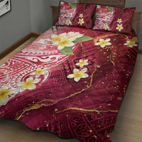 Polynesian Tribal Tattoo Quilt Bed Set Plumeria Blood Red and Gold Marble Pattern