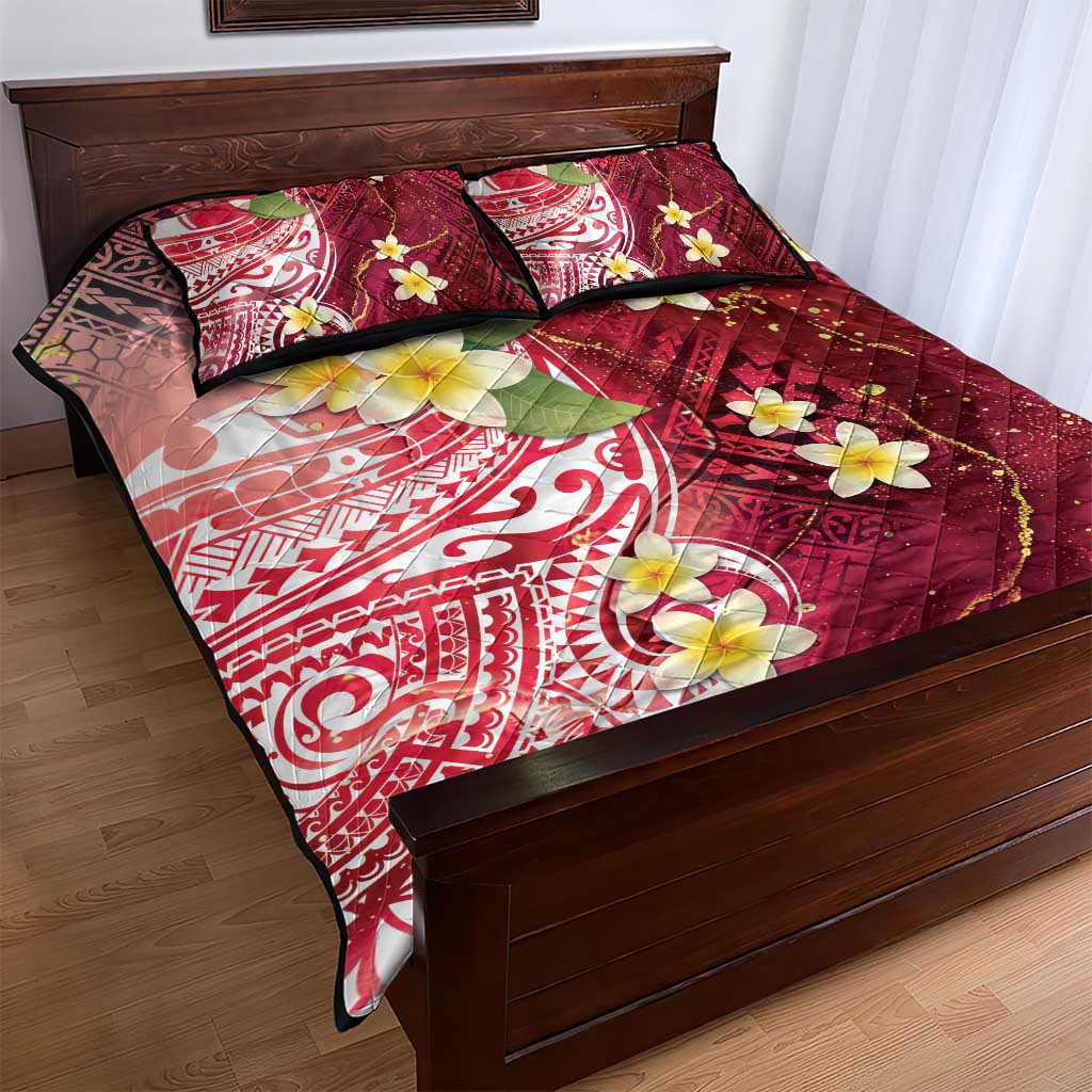 Polynesian Tribal Tattoo Quilt Bed Set Plumeria Blood Red and Gold Marble Pattern