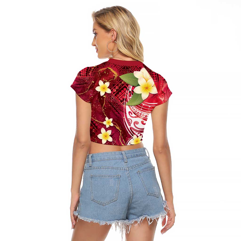 Polynesian Tribal Tattoo Raglan Cropped T Shirt Plumeria Blood Red and Gold Marble Pattern