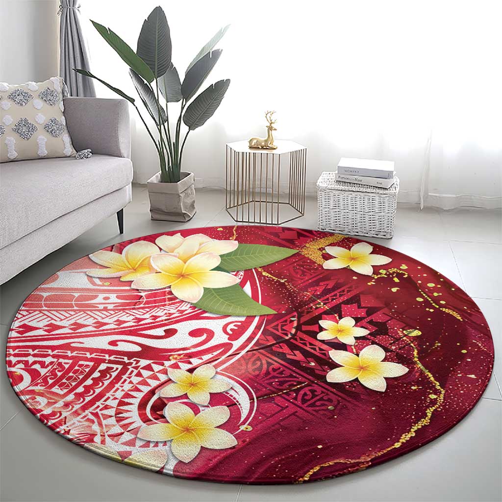 Polynesian Tribal Tattoo Round Carpet Plumeria Blood Red and Gold Marble Pattern LT9 - Polynesian Pride