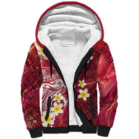 Polynesian Tribal Tattoo Sherpa Hoodie Plumeria Blood Red and Gold Marble Pattern