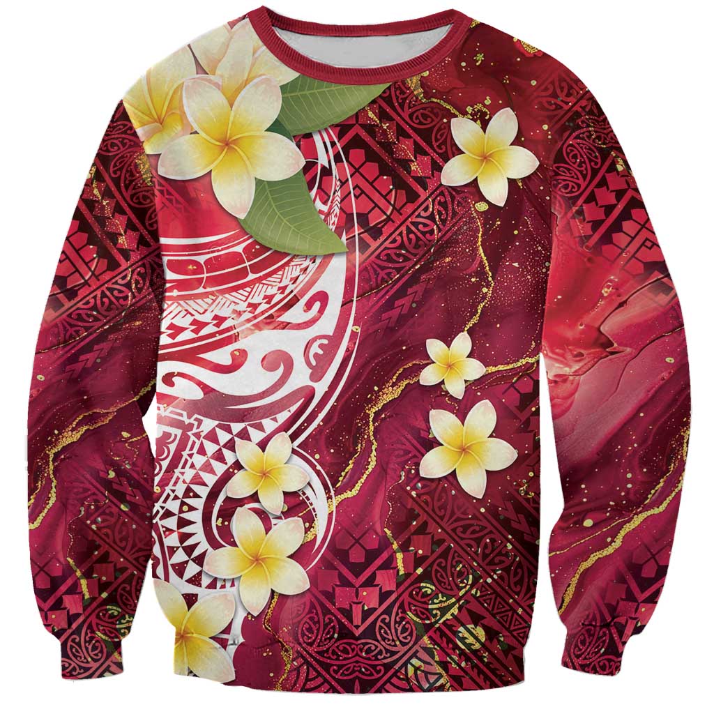 Polynesian Tribal Tattoo Sweatshirt Plumeria Blood Red and Gold Marble Pattern