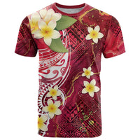 Polynesian Tribal Tattoo T Shirt Plumeria Blood Red and Gold Marble Pattern