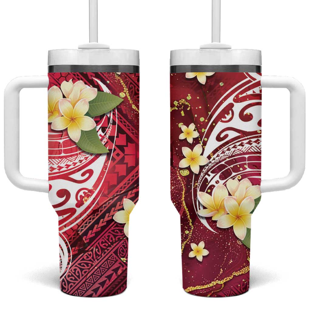 Polynesian Tribal Tattoo Tumbler With Handle Plumeria Blood Red and Gold Marble Pattern