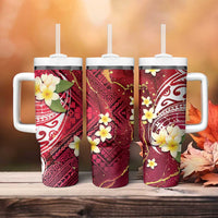 Polynesian Tribal Tattoo Tumbler With Handle Plumeria Blood Red and Gold Marble Pattern