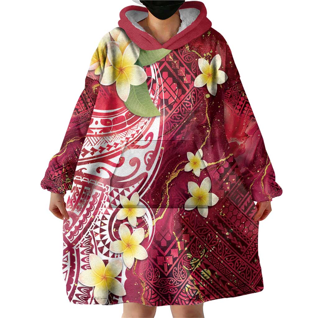 Polynesian Tribal Tattoo Wearable Blanket Hoodie Plumeria Blood Red and Gold Marble Pattern