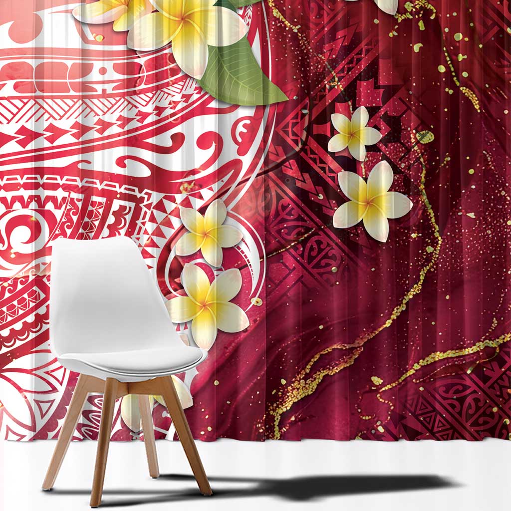 Polynesian Tribal Tattoo Window Curtain Plumeria Blood Red and Gold Marble Pattern