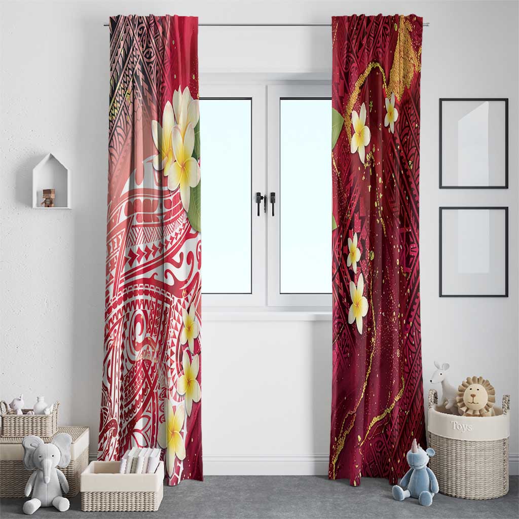 Polynesian Tribal Tattoo Window Curtain Plumeria Blood Red and Gold Marble Pattern